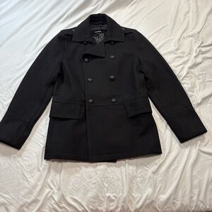 Express Men's Double-Breasted Black Wool Blend Peacoat